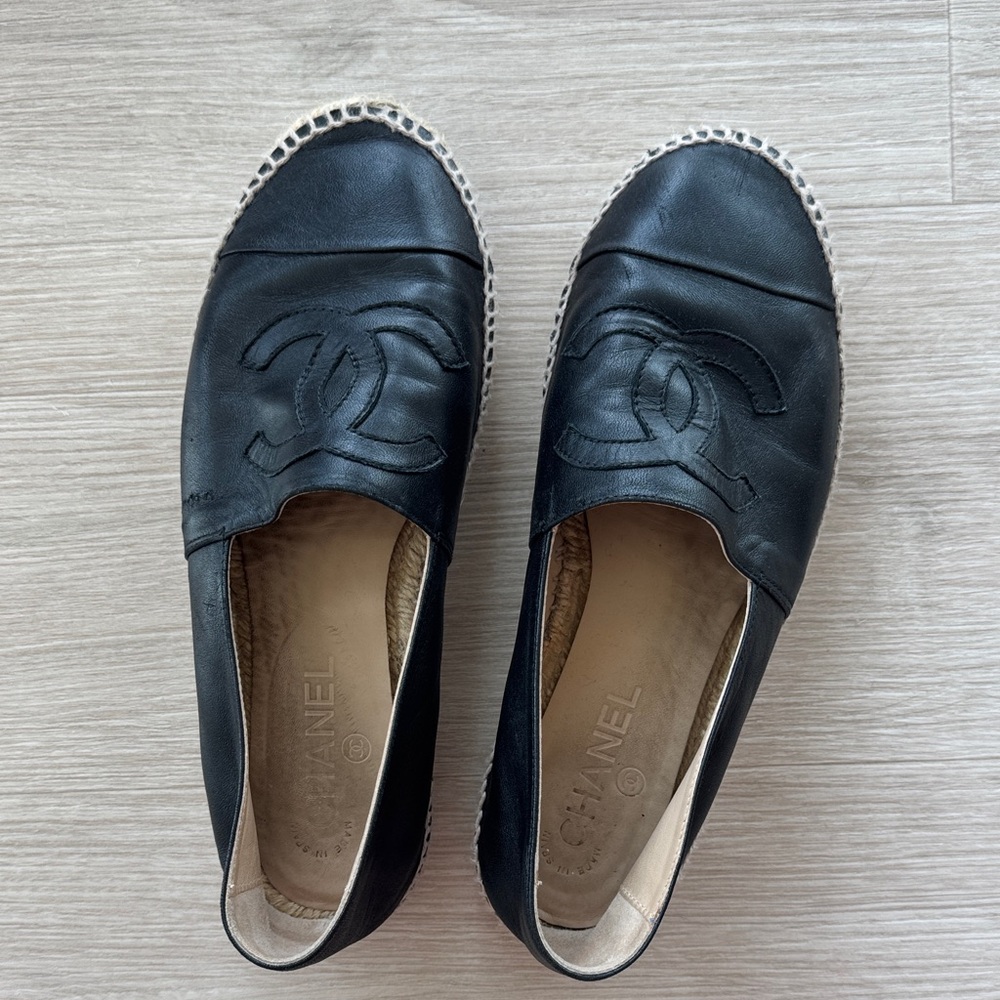 CHANEL Black Leather Espadrilles